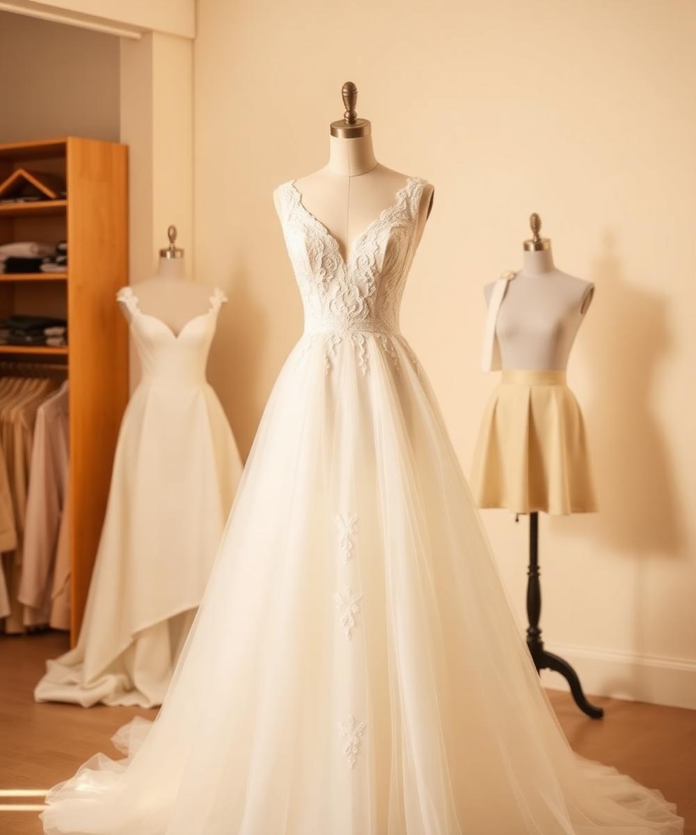 Ivory wedding gown on a dress form